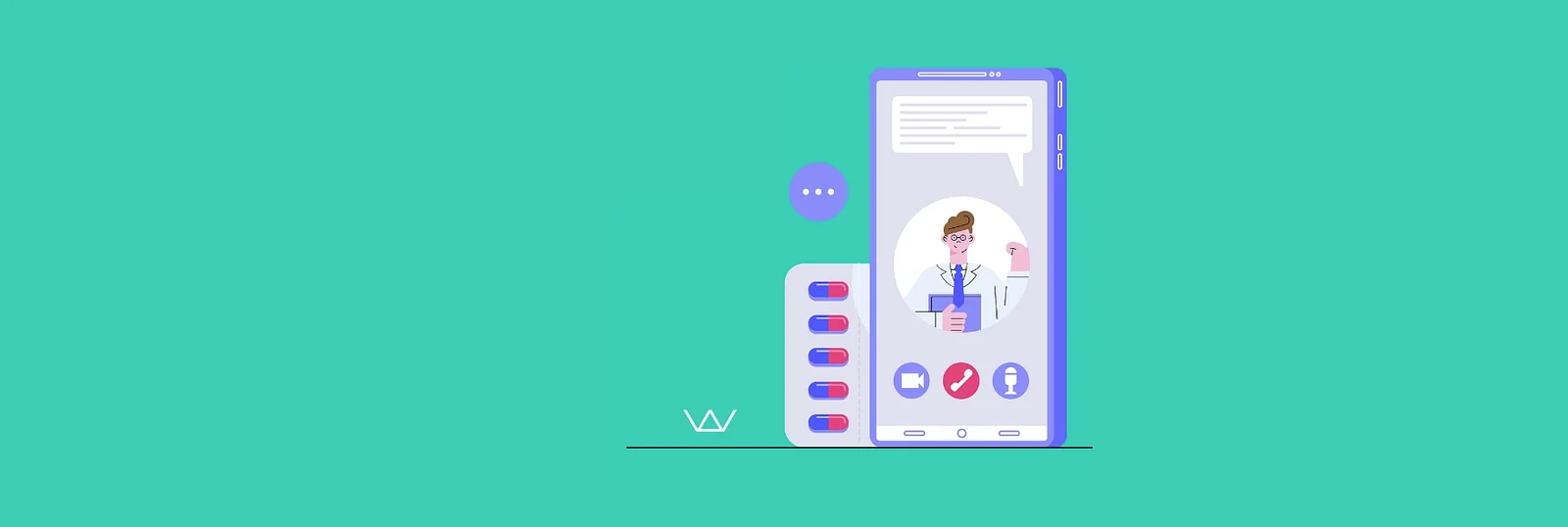 Illustration of a telehealth app showing a video consultation with a doctor, call and chat controls, and a pill pack, representing healthcare app development